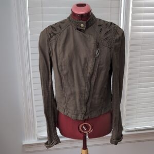 Free People Small Olive Green Linen Blend Embroidered Moto Jacket